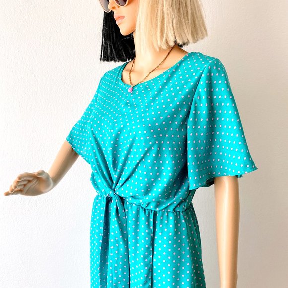Teal Dress Blue Green Dress Polka Dot Dress Wrap Skirt Dress Pullover Dress | S - Picture 3 of 11